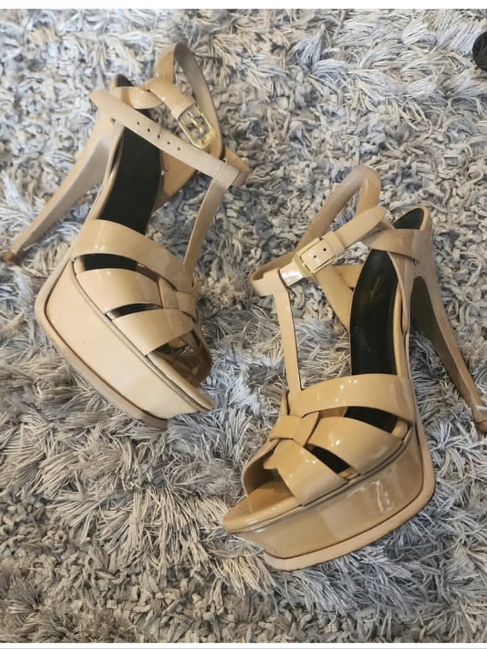 Yves Saint Laurent Beige TRIBUTE Patent T-Strap Platform Heels